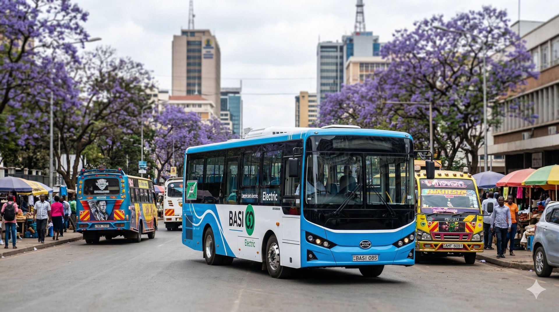 A modern electric bus with “BasiGo” livery driving along a busy street in Nairobi