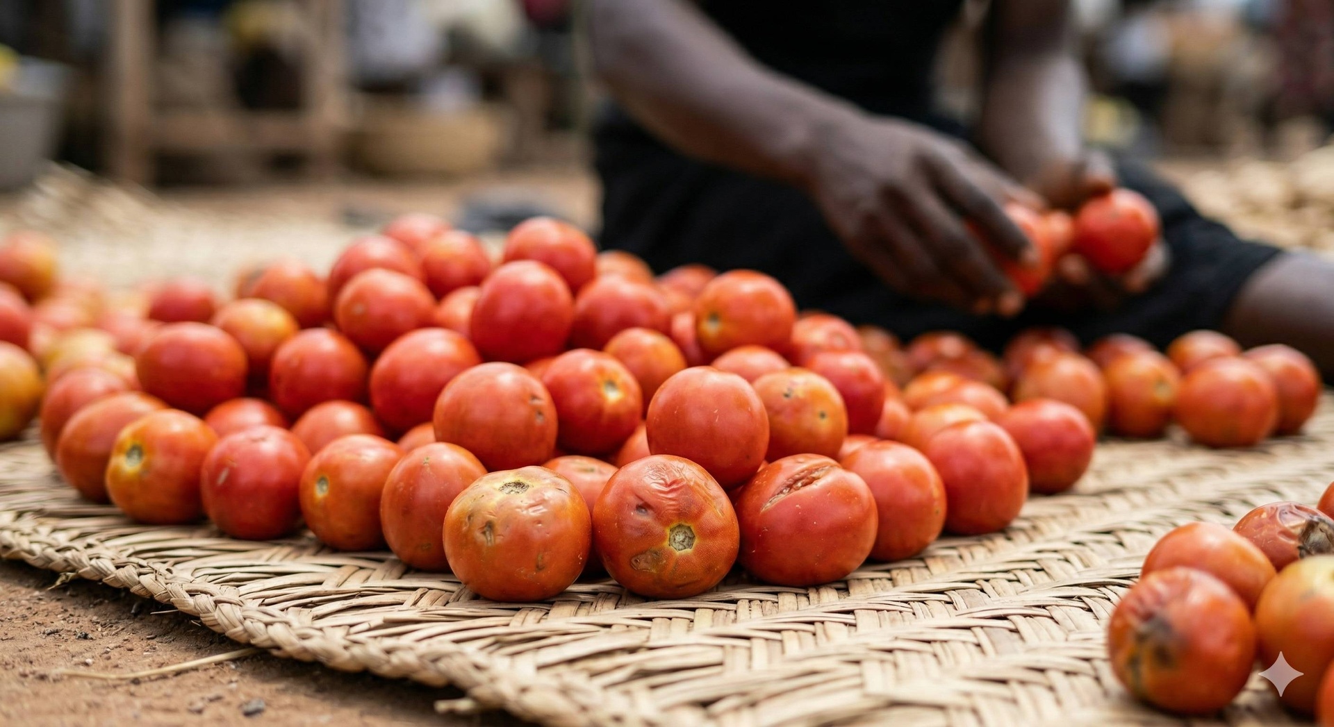 a pile of ripe tomatoes on a woven mat, some overripe
